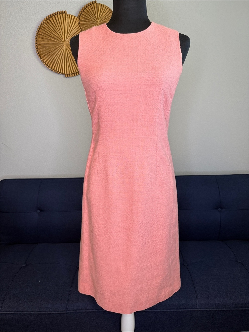Vintage Ann Taylor pink high round neck linen wool silk pencil shift dress sz 8